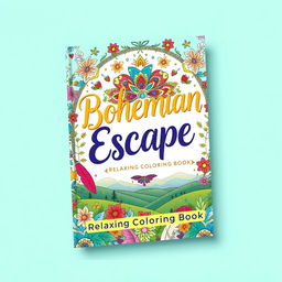 A colorful and inviting book cover design for 'Bohemian Escape: Relaxing Coloring Book', featuring whimsical bohemian patterns, intricate mandalas, and a serene nature scene