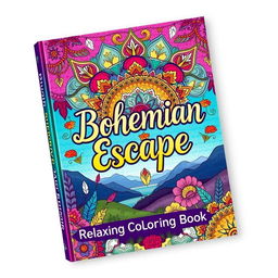 A colorful and inviting book cover design for 'Bohemian Escape: Relaxing Coloring Book', featuring whimsical bohemian patterns, intricate mandalas, and a serene nature scene