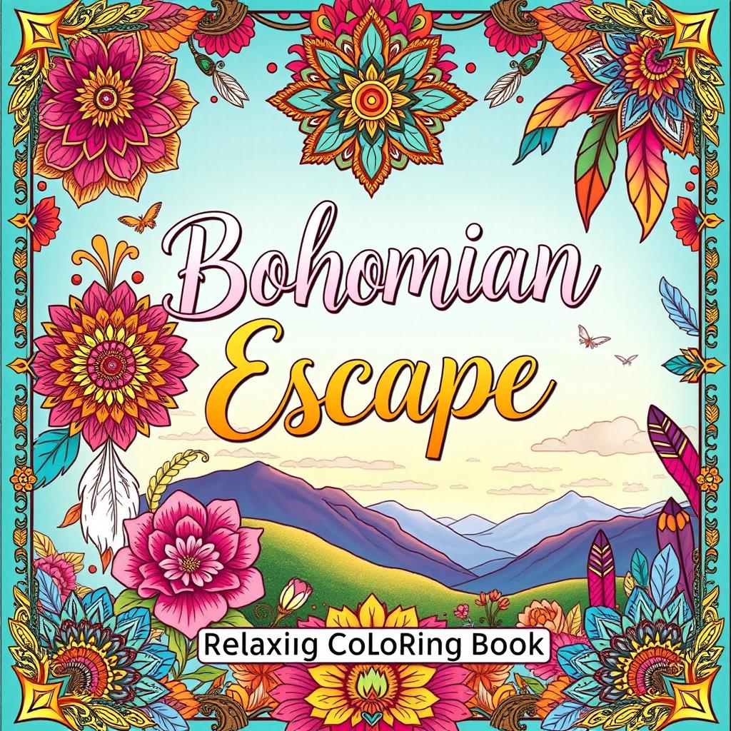 A colorful and inviting book cover design for 'Bohemian Escape: Relaxing Coloring Book', featuring whimsical bohemian patterns, intricate mandalas, and a serene nature scene