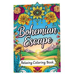 A colorful and inviting book cover design for 'Bohemian Escape: Relaxing Coloring Book', featuring whimsical bohemian patterns, intricate mandalas, and a serene nature scene
