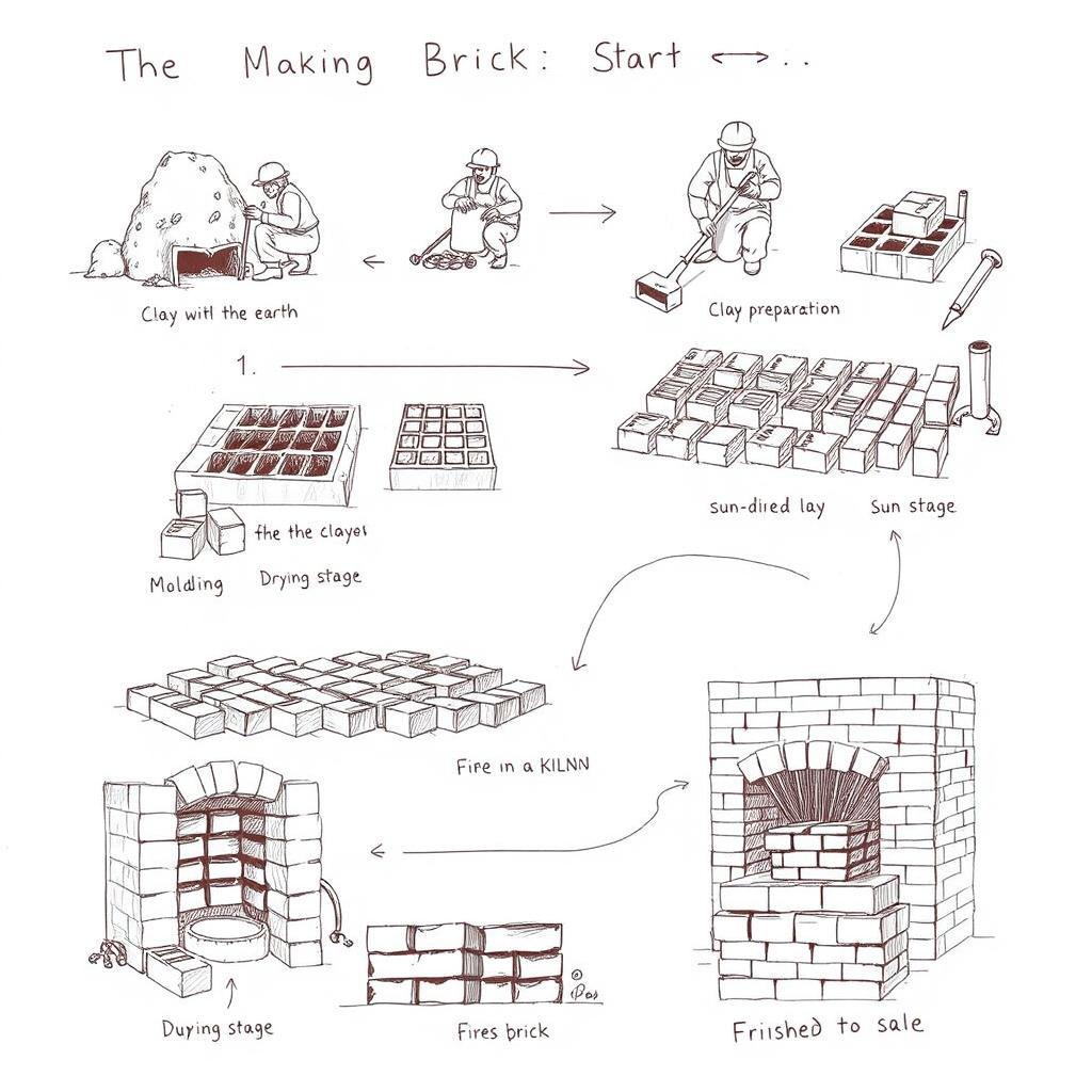 A detailed sketch illustrating the complete brick making process from start to finish