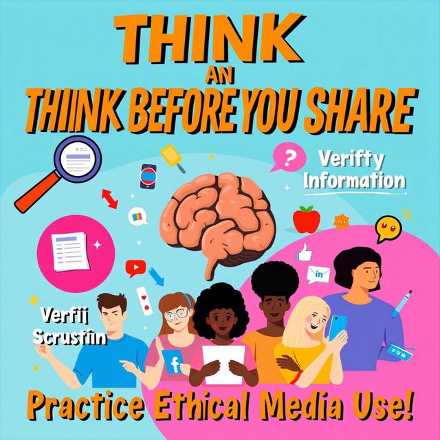 A vibrant and engaging poster promoting responsible media and information use, featuring key messages about ethical practices, critical thinking, and the importance of verifying information