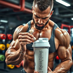 A close-up shot of a professional bodybuilder in a gym, intensely focused while mixing a scoop of creatine powder in a clear shaker