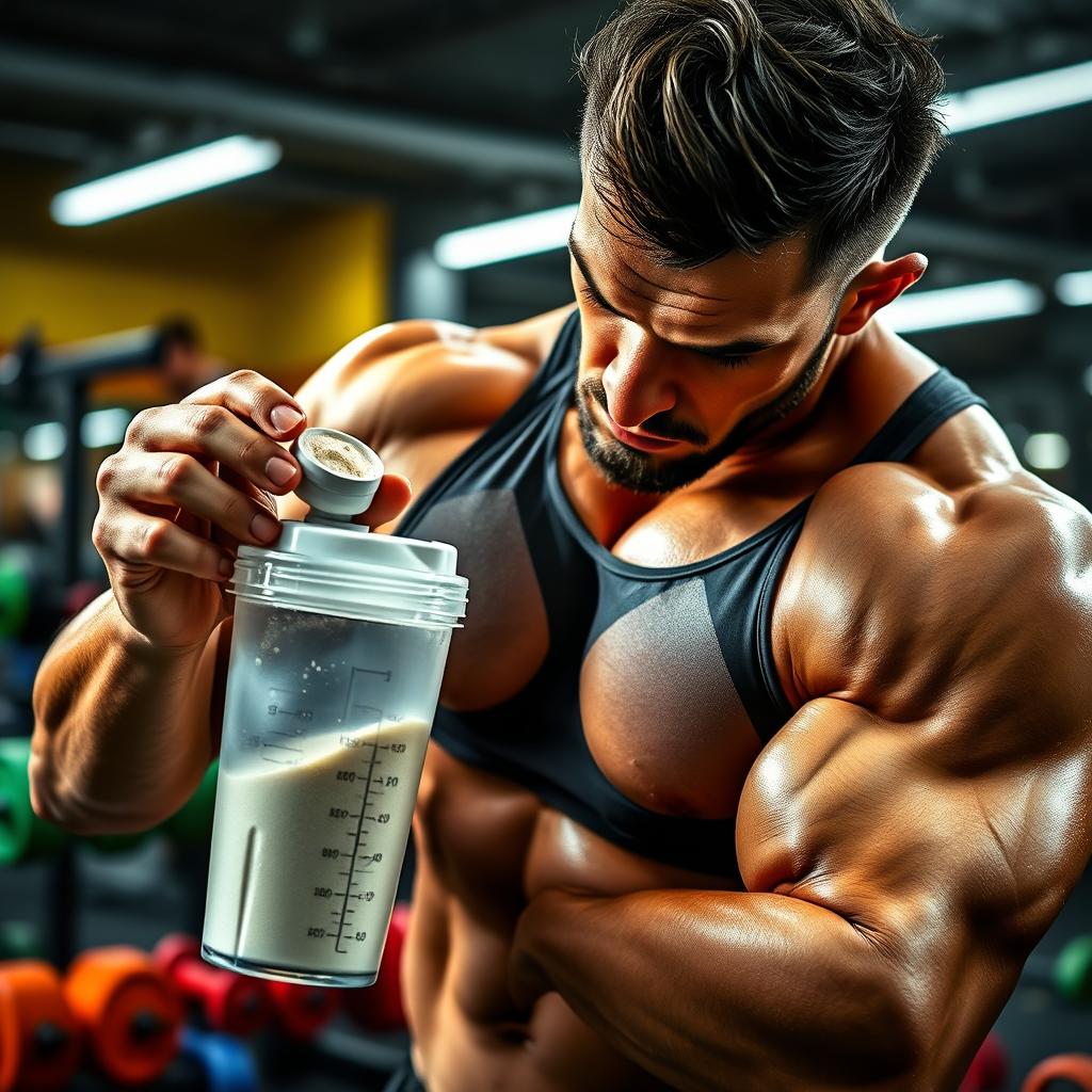A close-up shot of a professional bodybuilder in a gym, intensely focused while mixing a scoop of creatine powder in a clear shaker