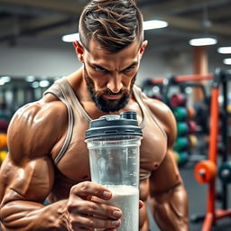 A close-up shot of a professional bodybuilder in a gym, intensely focused while mixing a scoop of creatine powder in a clear shaker