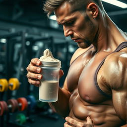 A close-up shot of a professional bodybuilder in a gym, intensely focused while mixing a scoop of creatine powder in a clear shaker