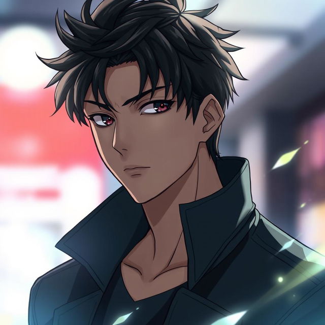 A handsome anime character with sharp, striking features, short tousled dark hair, a strong jawline, and intense captivating eyes