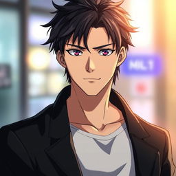 A handsome anime character with sharp, striking features, short tousled dark hair, a strong jawline, and intense captivating eyes