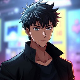 A handsome anime character with sharp, striking features, short tousled dark hair, a strong jawline, and intense captivating eyes
