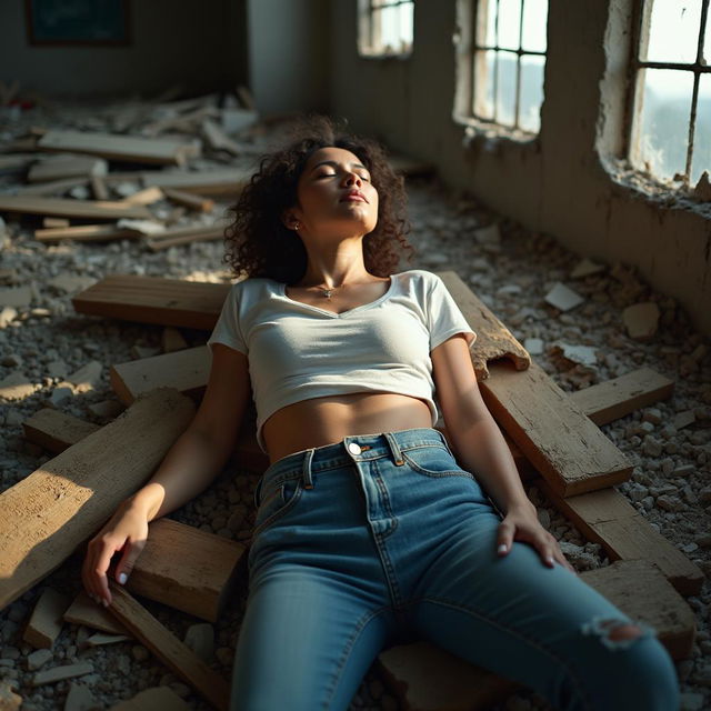 A slim, busty woman peacefully sleeping while lying on a pile of broken pieces of wood in a demolished warehouse