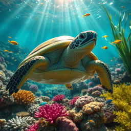 A hyper-realistic depiction of a turtle in its natural habitat