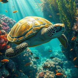 A hyper-realistic depiction of a turtle in its natural habitat