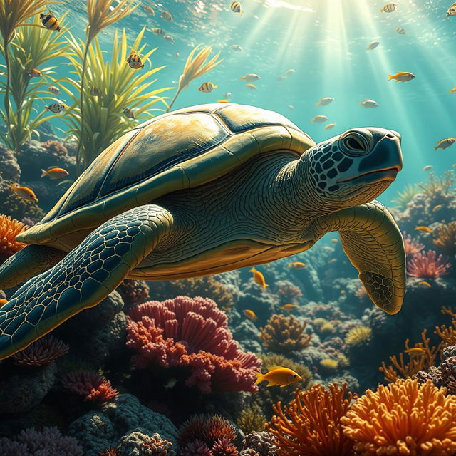 A hyper-realistic depiction of a turtle in its natural habitat