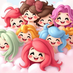 A cheerful and whimsical scene of adorable cartoon-like happy hair, featuring vibrant colors and playful shapes