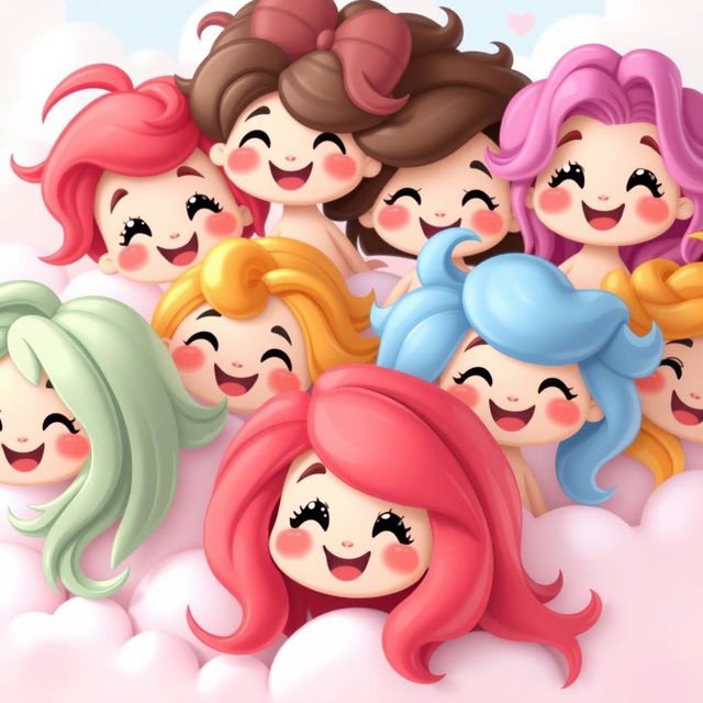 A cheerful and whimsical scene of adorable cartoon-like happy hair, featuring vibrant colors and playful shapes