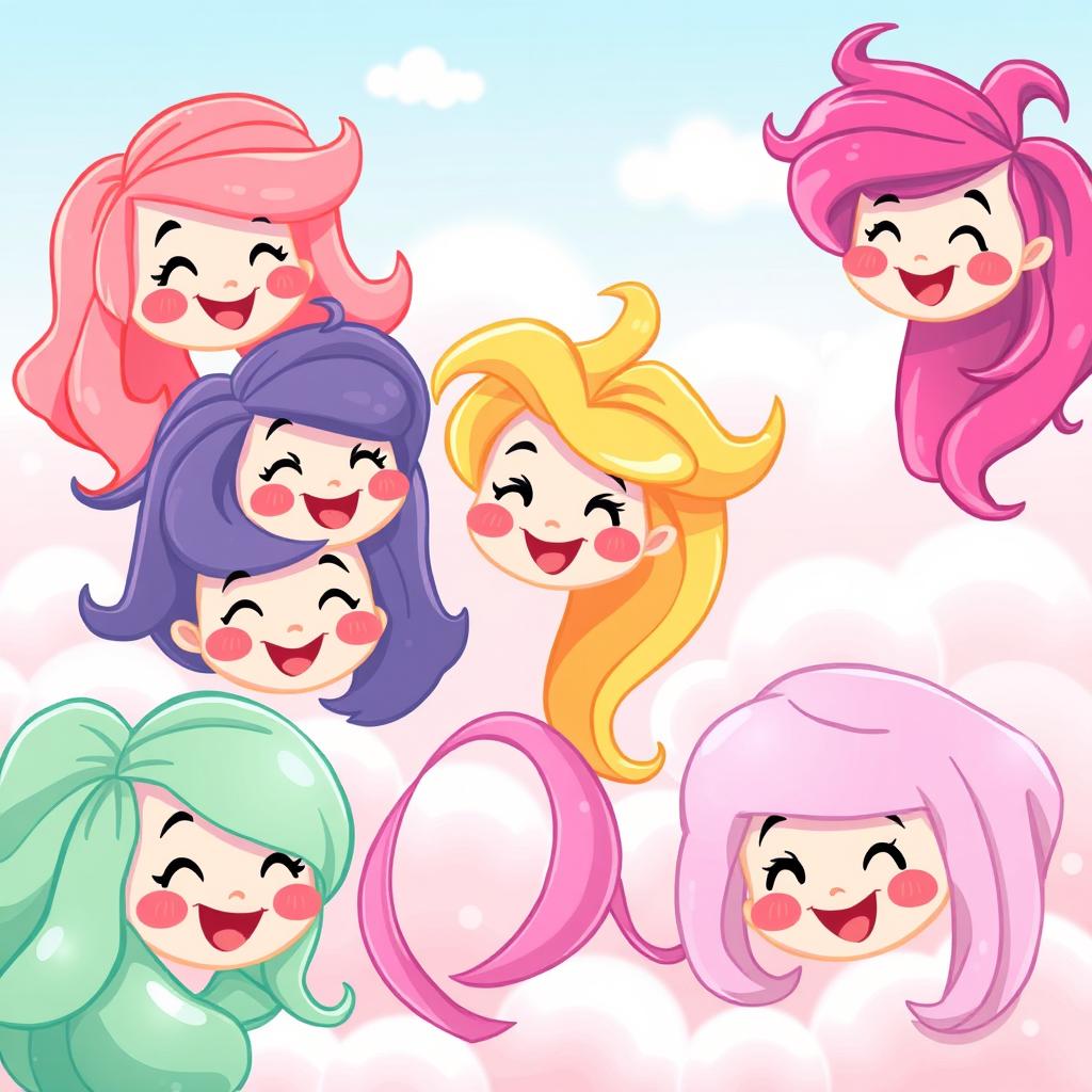 A cheerful and whimsical scene of adorable cartoon-like happy hair, featuring vibrant colors and playful shapes