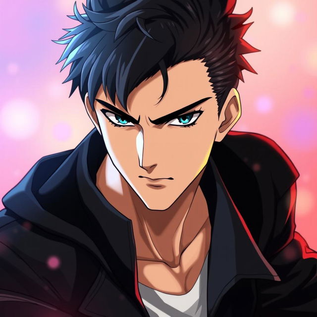 A handsome anime character with sharp, striking features, short tousled dark hair, a strong jawline, and captivating intense eyes