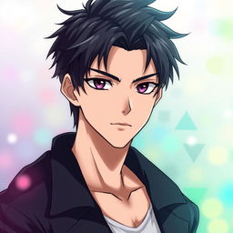 A handsome anime character with sharp, striking features, short tousled dark hair, a strong jawline, and captivating intense eyes