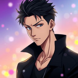 A handsome anime character with sharp, striking features, short tousled dark hair, a strong jawline, and captivating intense eyes