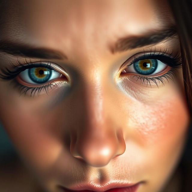 A close-up view of a human face with striking features, focusing on the eyes as they blink dramatically