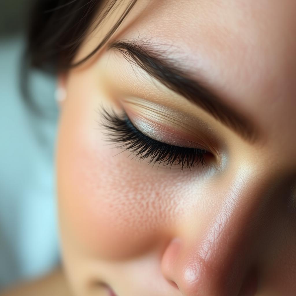 A close-up view of a human face with striking features, focusing on the eyes as they blink dramatically