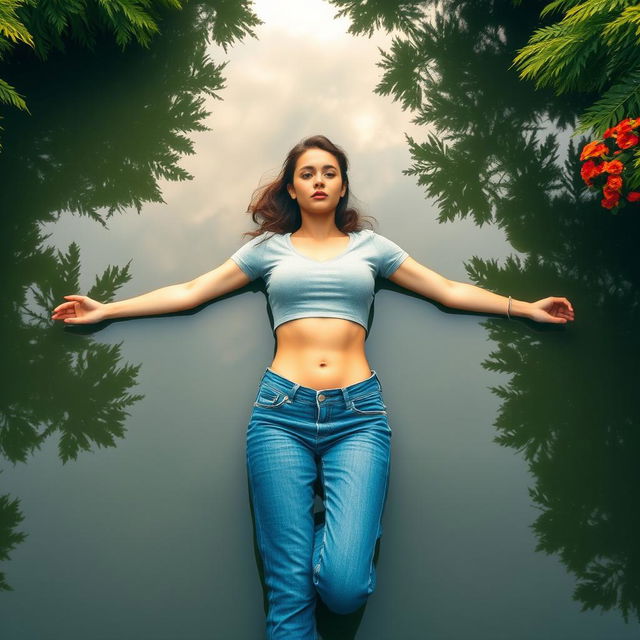 A slim, busty woman wearing a stylish cropped t-shirt and blue jeans, floating spread out on a tranquil pond