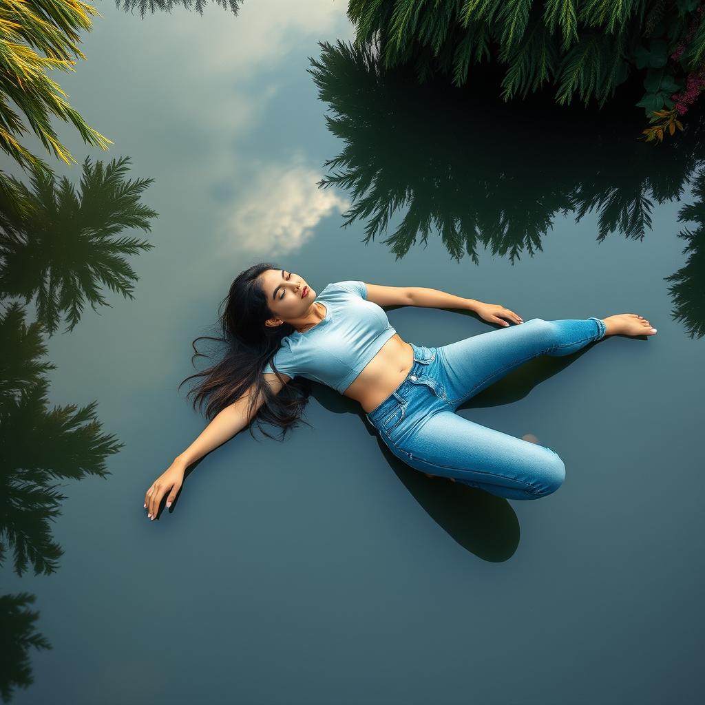 A slim, busty woman wearing a stylish cropped t-shirt and blue jeans, floating spread out on a tranquil pond