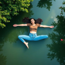A slim, busty woman wearing a stylish cropped t-shirt and blue jeans, floating spread out on a tranquil pond