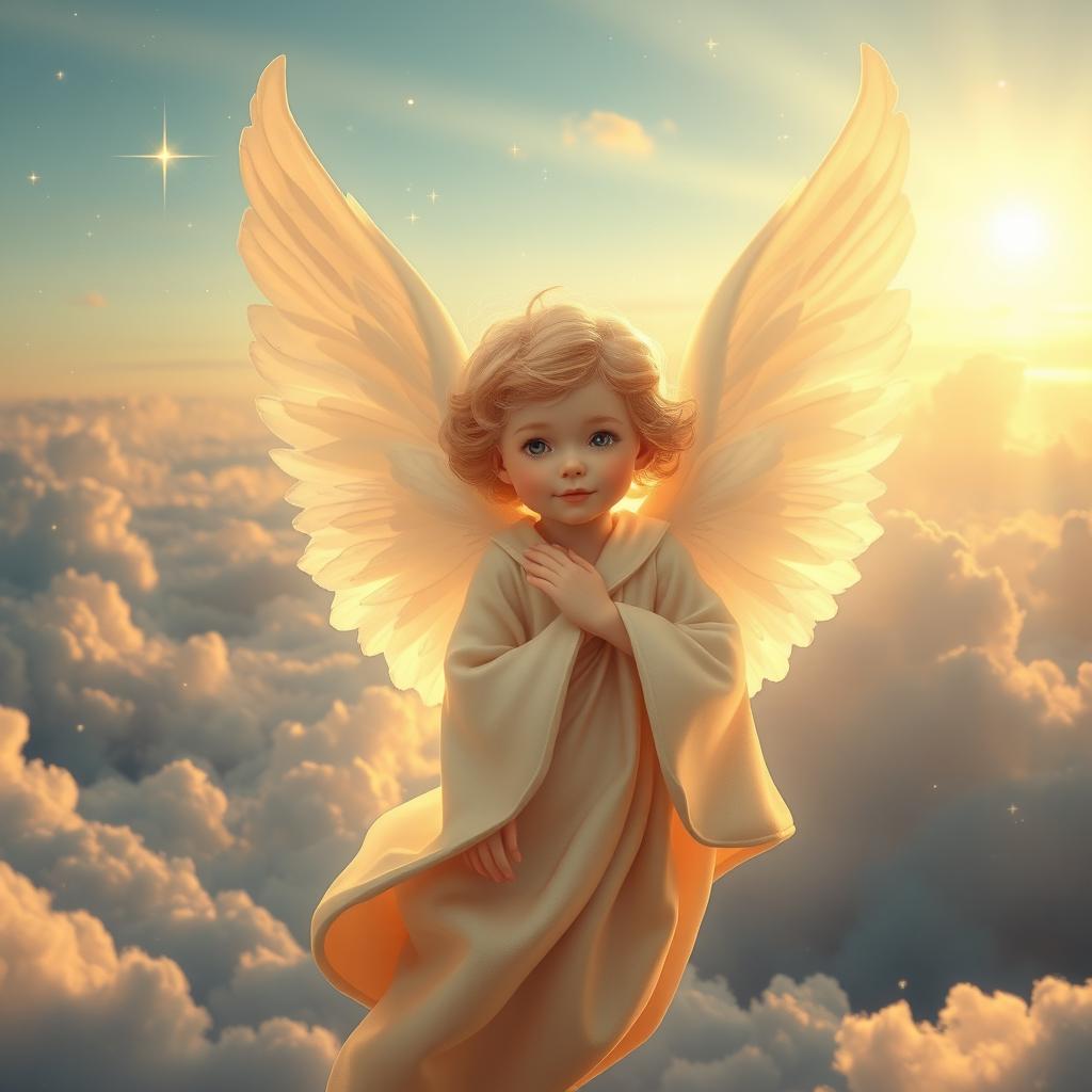 A kind angel with large, soft white wings, gently hovering in a serene, ethereal landscape bathed in soft, warm light