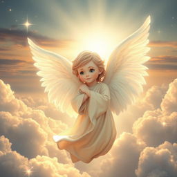 A kind angel with large, soft white wings, gently hovering in a serene, ethereal landscape bathed in soft, warm light