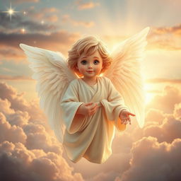 A kind angel with large, soft white wings, gently hovering in a serene, ethereal landscape bathed in soft, warm light