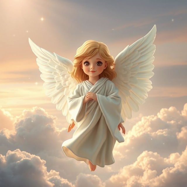 A kind angel with large, soft white wings, gently hovering in a serene, ethereal landscape bathed in soft, warm light