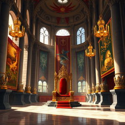 A grand royal throne room, beautifully illustrated in a detailed digital painting, showcasing intricate architecture with tall, arched windows allowing sunlight to flood in
