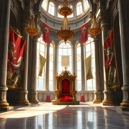 A grand royal throne room, beautifully illustrated in a detailed digital painting, showcasing intricate architecture with tall, arched windows allowing sunlight to flood in