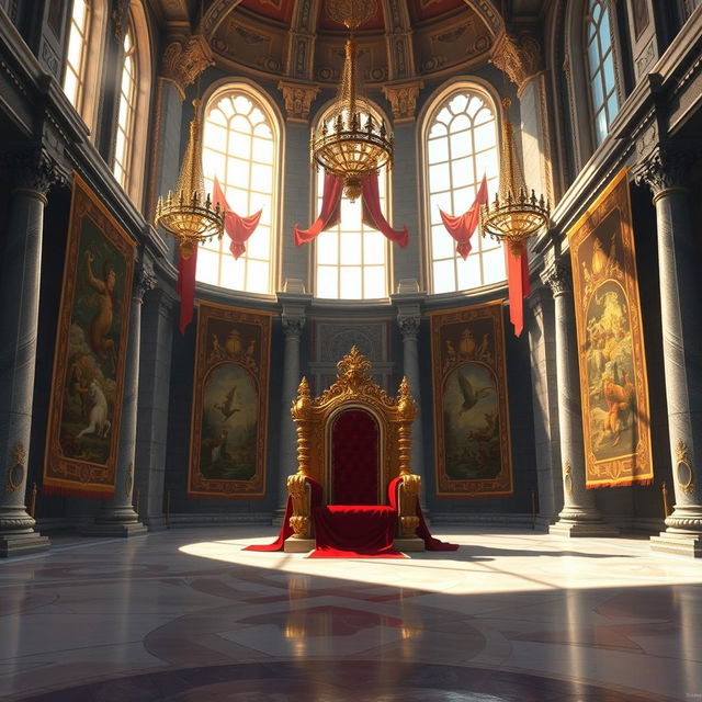 A grand royal throne room, beautifully illustrated in a detailed digital painting, showcasing intricate architecture with tall, arched windows allowing sunlight to flood in