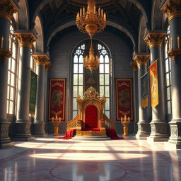 A grand royal throne room, beautifully illustrated in a detailed digital painting, showcasing intricate architecture with tall, arched windows allowing sunlight to flood in