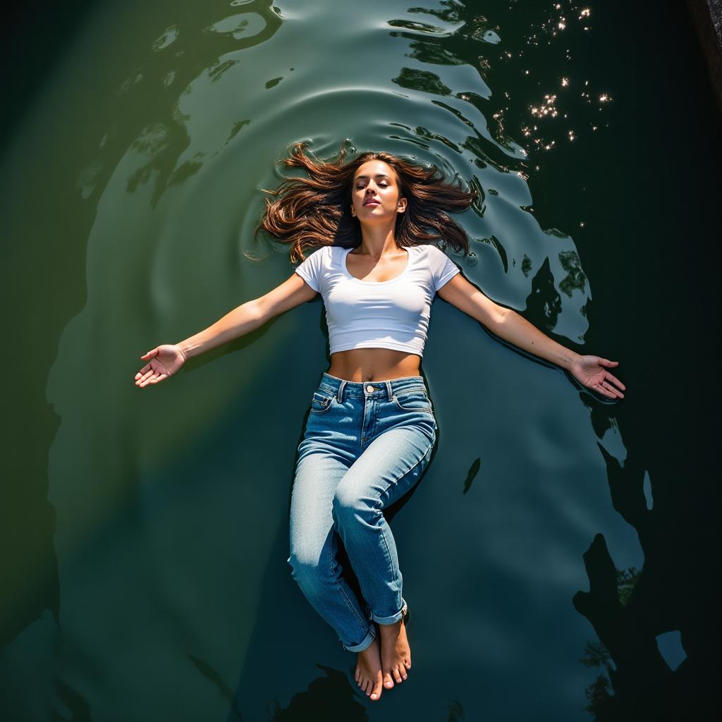 A slim and busty woman wearing a cropped T-shirt and blue jeans, floating gracefully on a serene pond with her soaked wet clothes clinging to her body