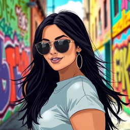 A stylized portrait of a dark-haired woman with striking features, wearing stylish sunglasses and a casual outfit in a vibrant urban environment