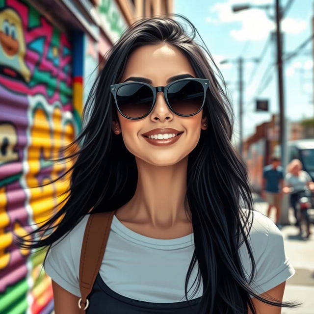 A stylized portrait of a dark-haired woman with striking features, wearing stylish sunglasses and a casual outfit in a vibrant urban environment