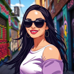 A stylized portrait of a dark-haired woman with striking features, wearing stylish sunglasses and a casual outfit in a vibrant urban environment