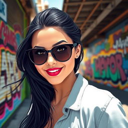A stylized portrait of a dark-haired woman with striking features, wearing stylish sunglasses and a casual outfit in a vibrant urban environment
