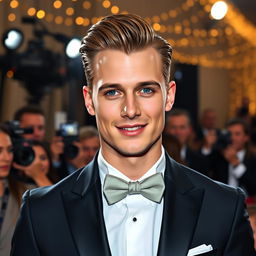 A stunningly handsome male superstar, exuding charisma and charm