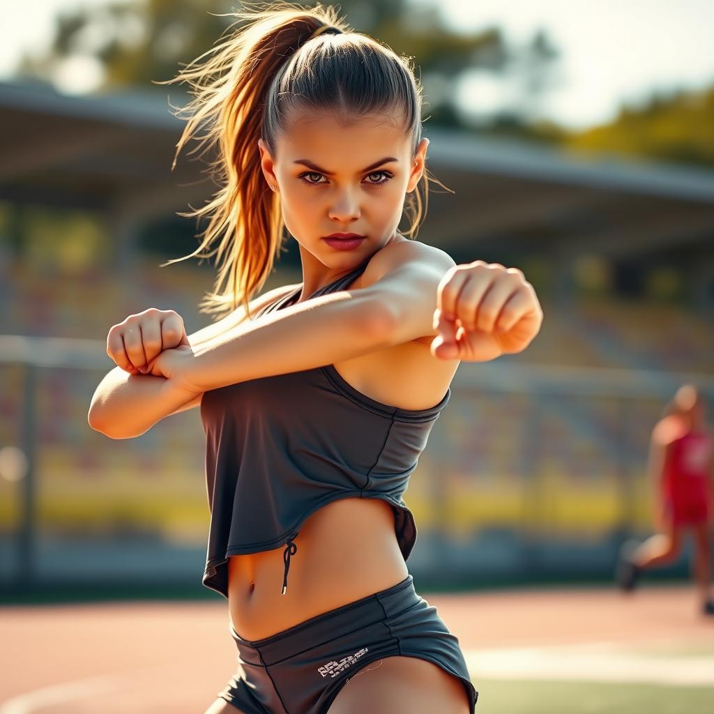 A sporty girl in a dynamic pose, wearing a short, torn athletic outfit that accentuates her athletic physique