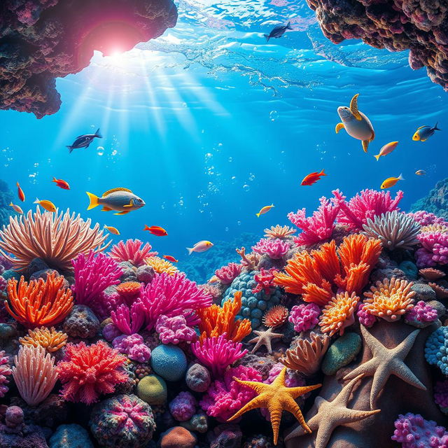 A vibrant underwater coral reef scene featuring a variety of colorful corals and diverse marine life including tropical fish, sea turtles, and starfish