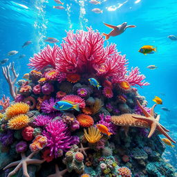 A vibrant underwater coral reef scene featuring a variety of colorful corals and diverse marine life including tropical fish, sea turtles, and starfish