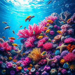A vibrant underwater coral reef scene featuring a variety of colorful corals and diverse marine life including tropical fish, sea turtles, and starfish