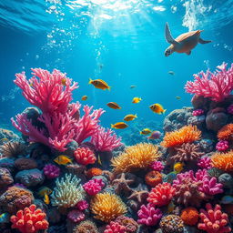 A vibrant underwater coral reef scene featuring a variety of colorful corals and diverse marine life including tropical fish, sea turtles, and starfish