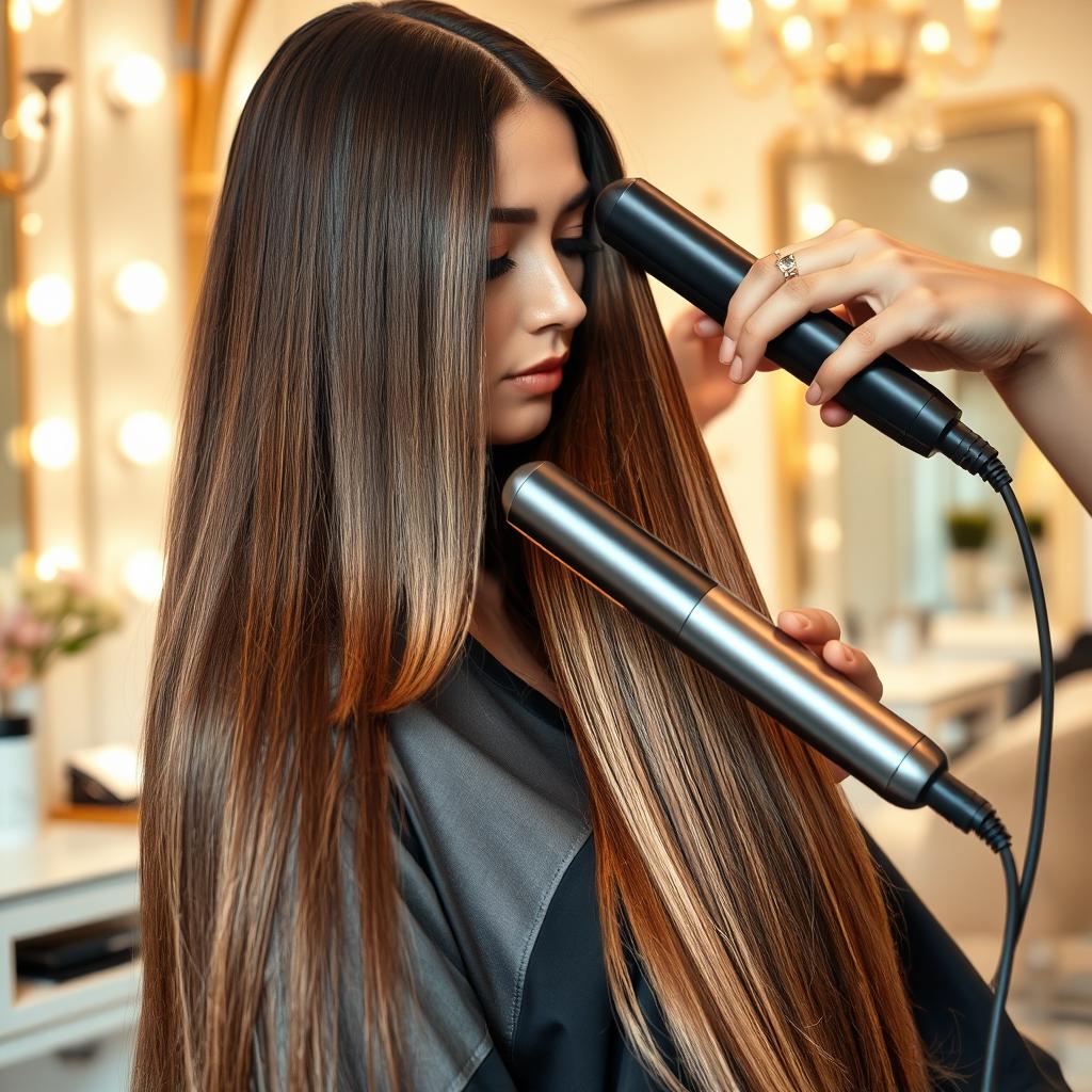 A stylish and modern hair straightening session featuring a beautifully designed hair straightener being used on long, sleek hair