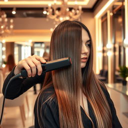 A stylish and modern hair straightening session featuring a beautifully designed hair straightener being used on long, sleek hair