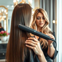 A stylish and modern hair straightening session featuring a beautifully designed hair straightener being used on long, sleek hair